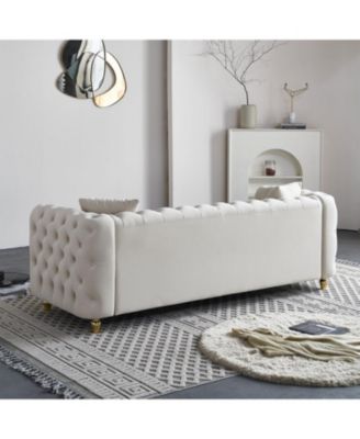 86" Beige Tufted Sofa with Toss Pillows
