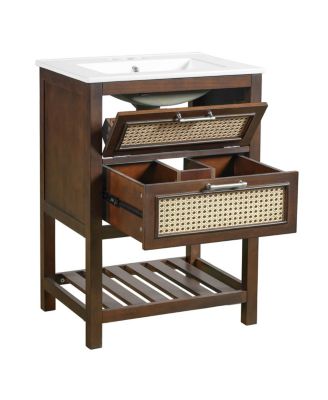 24 Inch Freestanding Bathroom Vanity with Ceramic Sink, Flip-Out Drawer & Modern Storage for Small Spaces