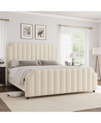 Bed Frame with Headboard & Footboard, Upholstered, Strong Wooden Slats, No Box Spring