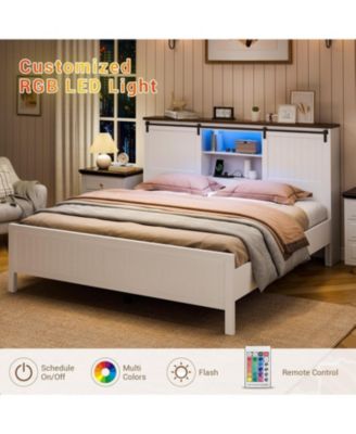 Farmhouse Bed Frame with Storage, Charging Station, LED Light, Sliding Barn Door, Noise-Free, Easy Assembly, No Box Spring Needed
