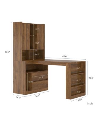 L-Shaped Desk with Drawers, LED Light, Bookshelf, Modern Corner Desk