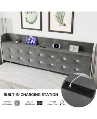 Bed Frame Upholstered Platform 4 Storage Drawers Diamond Tufted Headboard Wooden Slats No Box Spring Easy Assembly