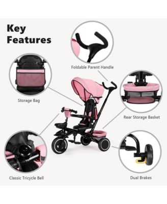 8-in-1 Folding Kids Tricycle Stroller with Adjustable Push Handle, Convertible Toddler