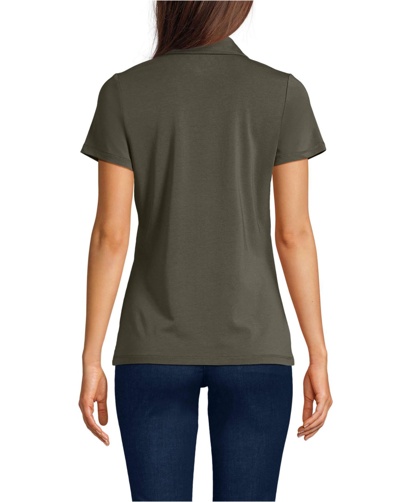 Женский топ Lands' End Short Sleeve Lightweight Jersey Pintuck Open Collar Polo, цвет: Тёмно-зелёный мох — фото 2