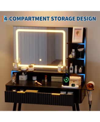 Mid-Century Modern Makeup Vanity Desk with Lighted Mirror.