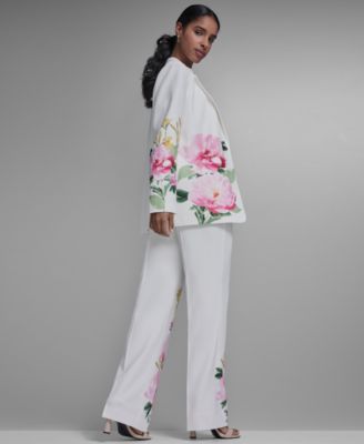Petite Notch Lapel Collar Blazer and Mid-Rise Floral Print Pants