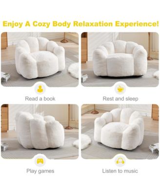Large Bean Bag Chair, Faux Fur Reading Sofa Chair with Petal Backrest and Pull Ring, Oversize Reading Chair for Bedroom