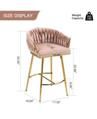 Velvet Bar Stools Set of 2 - Hand-Wave Back, Golden Chrome Base and Footrest, Counter Height Chairs for Kitchen Island, Home Pub