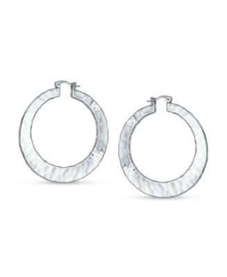Large Fashion Flat Hammer Finish Statement Hoop Earrings Silver Plated 2 Inch