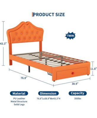 Twin Velvet Upholstered Platform Bed LED Lights Crystal Button Headboard Storage Drawer Noise-Free No Box Spring