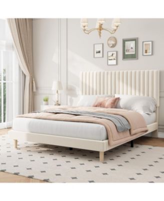 Velvet Platform Bed Frame with Vertical Channel Tufted Adjustable Headboard, Strong Wood Slats, No Box Spring Needed.