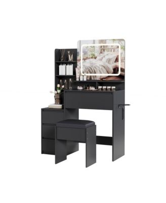 Makeup Vanity Set with Adjustable Lighted Mirror, 4 Drawers, Bench and Charging Station