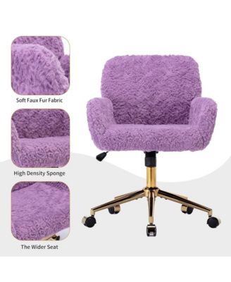 Faux Fur Home Office Chair, Adjustable Swivel Desk Chair, Upholstered Computer Chair with Wheels and Gold Base for Home Office