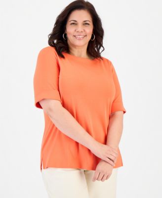 Women's Boat-Neck Elbow Sleeve Cotton Top, XS-4X