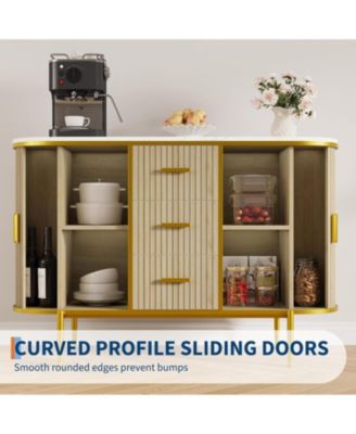 50" Mid Century Fluted Buffet Cabinet, Modern Coffee Bar Console Table with Faux Marble Top & Curved Sliding Doors, Storage Accent Cabinet