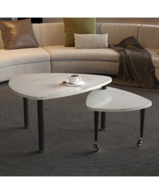 Sintered Stone Rotating Coffee Table with Solid Wood Legs