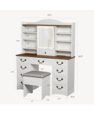 47" Makeup Vanity Desk and Chair Set with Lighted Mirror and 8 Shelves