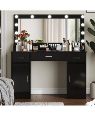 Vanity Desk with Large Mirror, 3 Color Lighting Modes, Adjustable Brightness