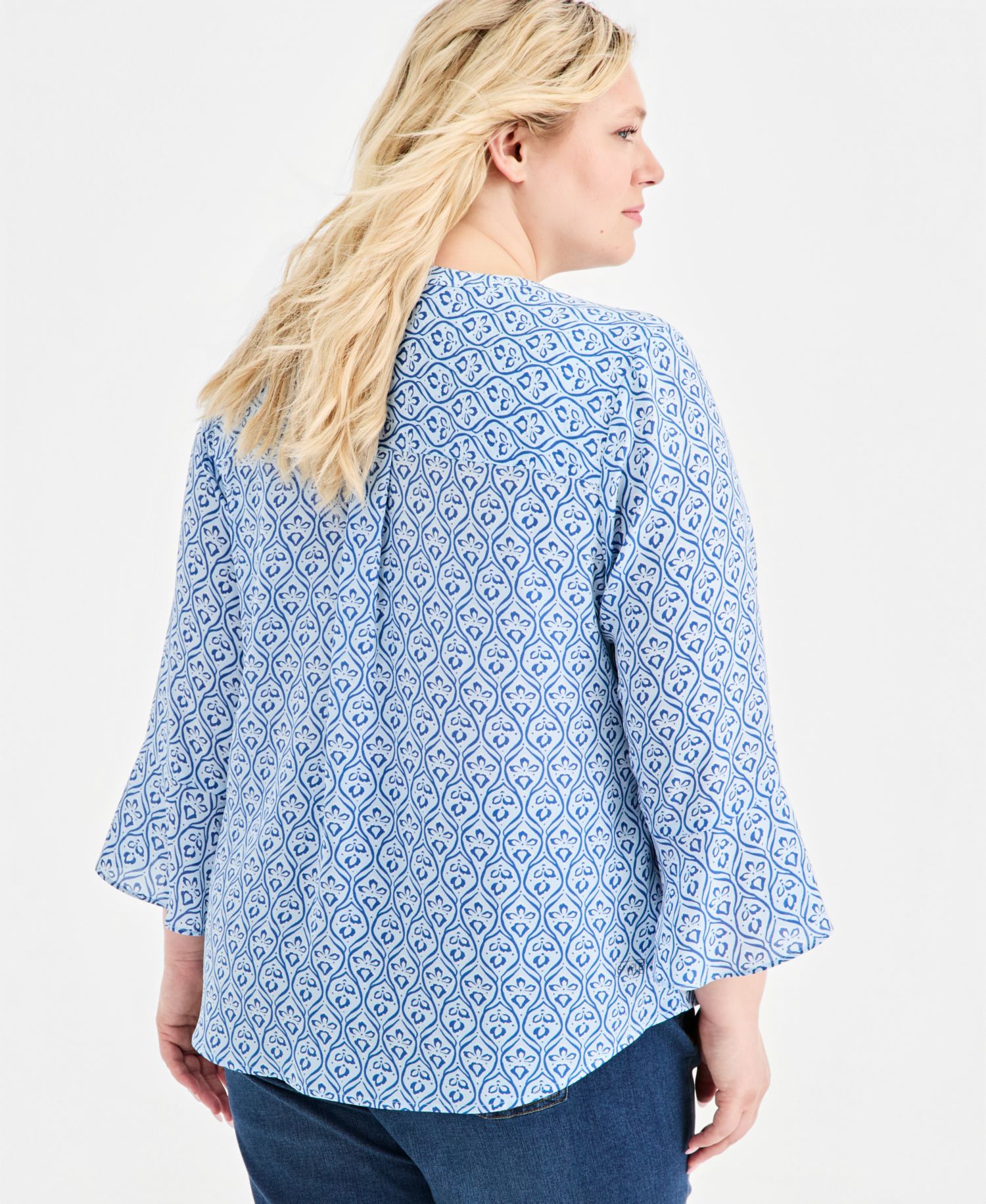 Plus Size Printed Pintuck Bell-Sleeve Top