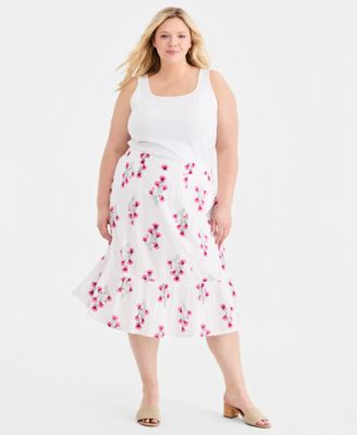 Plus Size Printed Ladder-Stitch Midi Skirt