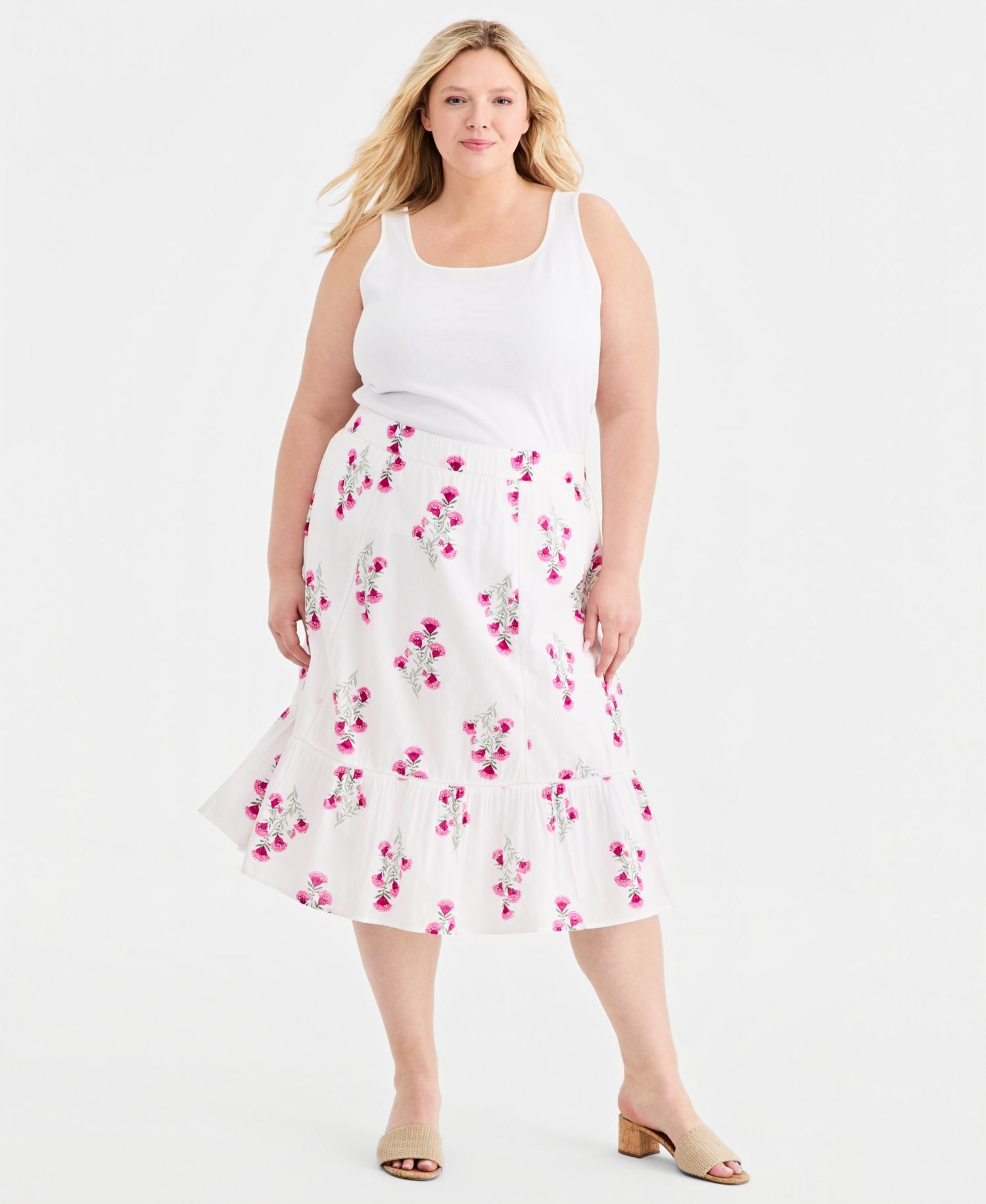 Plus Size Printed Cotton Pull-On Midi Skirt