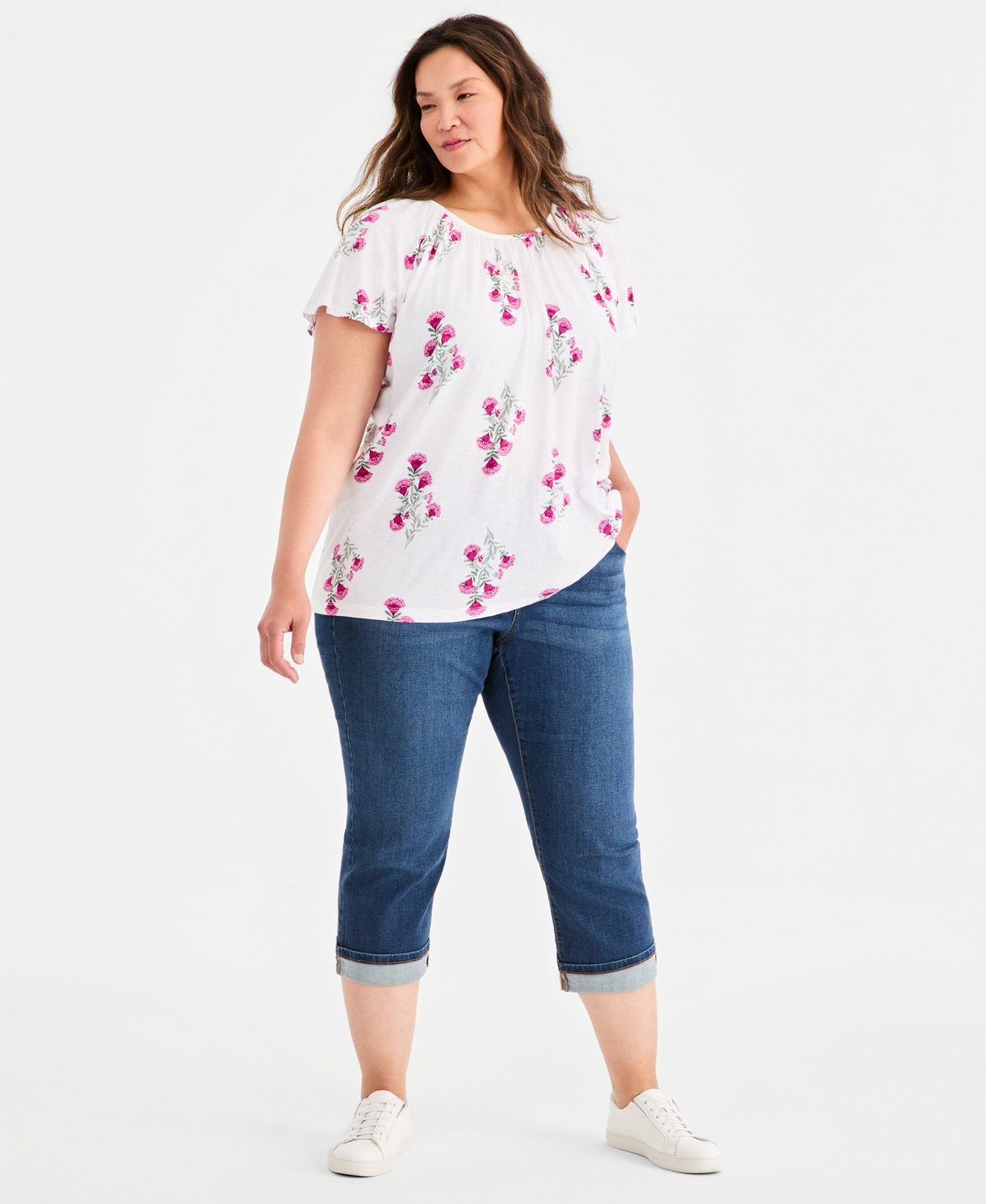 Style & Co Plus Printed Flutter-Sleeve Knit Top, Macy's Exclusive