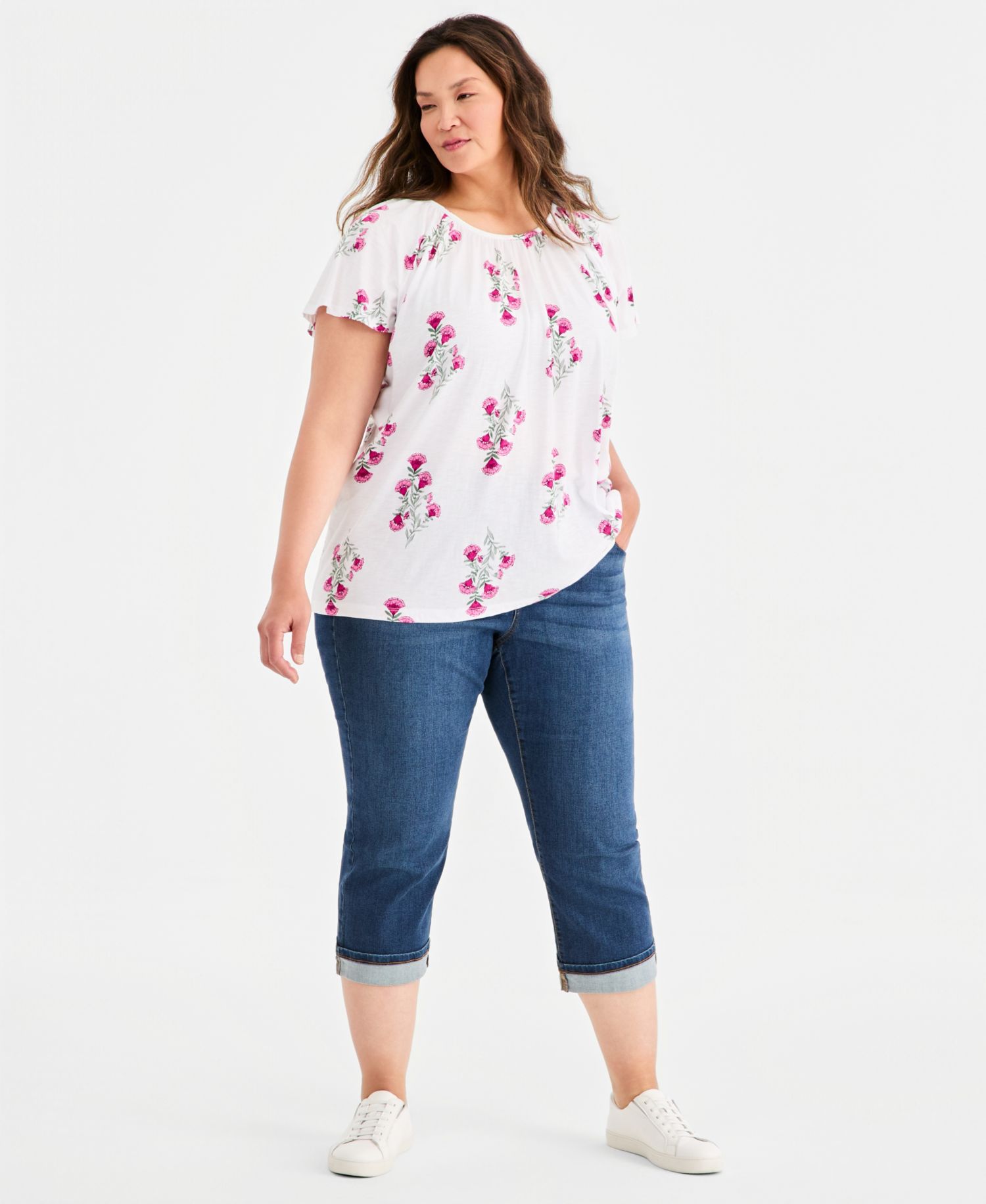 Plus Size Printed Scoop-Neck Flutter-Sleeve Top