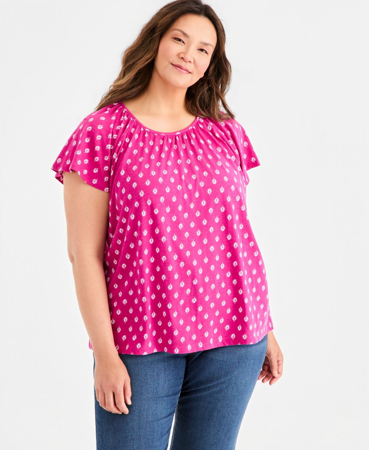 Plus Size Printed Scoop-Neck Flutter-Sleeve Top