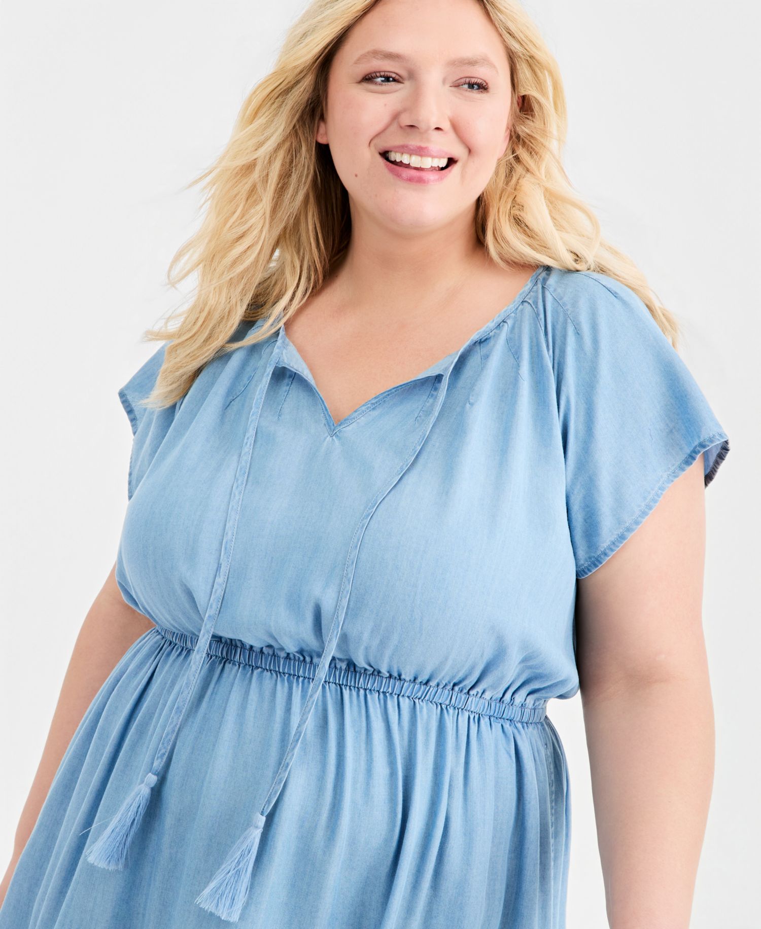 Plus Size Chambray Tiered Midi Dress