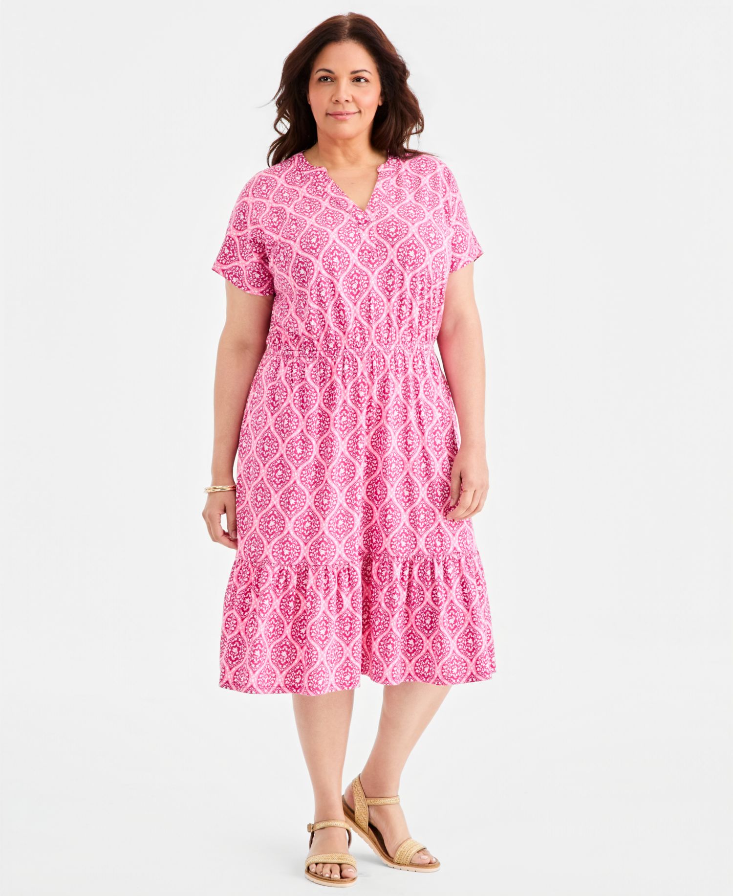 Plus Size Printed Split-Neck Tiered Midi Dress