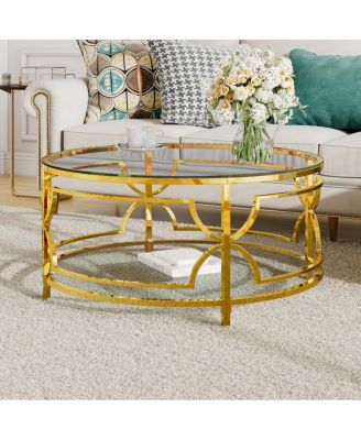 Round Tempered Glass Coffee Table, 30.7" ,Geometric Metal Frame