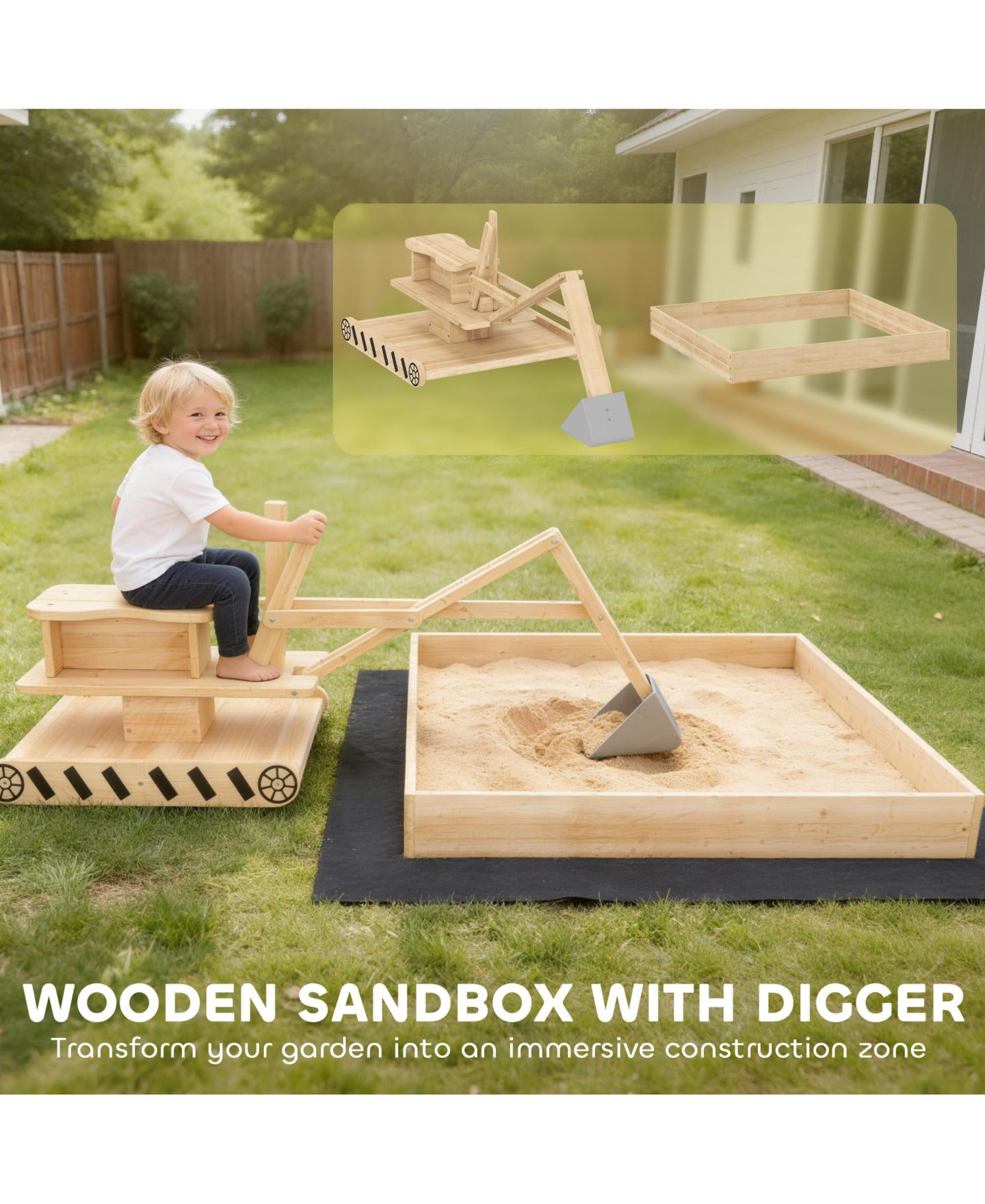 Детская игрушка Qaba Wooden Sandbox with Digger, 72.4"L x 35.4"W x 22"H, 360-Degree Rotating Seat, 110 lbs Capacity, Ages 3-6, цвет: Натуральный — фото 6