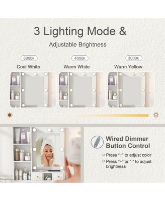 Dressing Table Set with Stool - Mini Makeup Vanity Desk with LED Lighted Mirror, Power Outlet and Hairdryer Holder for Bedroom