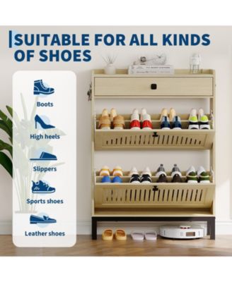 Shoe Storage Cabinet with 2 Flip Drawer, Shoes Organizer with with Top Drawer，Hollow Out Panel And Square Handles