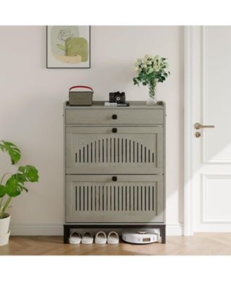 Shoe Storage Cabinet with 2 Flip Drawer, Shoes Organizer with with Top Drawer,Hollow Out Panel And Square Handles