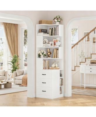 Corner Bookshelf L-Shaped 4-Tier 3 Drawers 3 Cubbies
