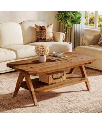 2-Tier Solid Wood Coffee Table, 47.2" Rustic Wooden Rectangular Center Table