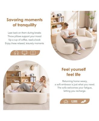 Curved Off-White Chenille Loveseat Couch with 3 Pillows