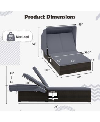 2-person Rattan Lounge Bed w/ Retractable Canopy 5-position Adjustable Backrest