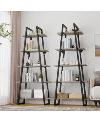 72" A-Shape Ladder Bookcase, 5-Tier Metal Frame Shelf with Adjustable Wood Shelves