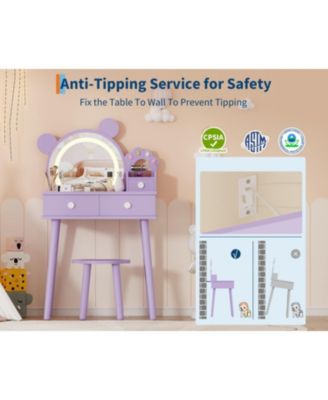 Kids Wooden Vanity Table and Chair Set with Touch Control Lighted Mirror and Drawers