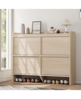 Shoe Cabinet with 4 Flip Drawers, Hidden Shoe Storage Organizer for Entryway, Wooden Shoe Rack with Adjustable Shelf