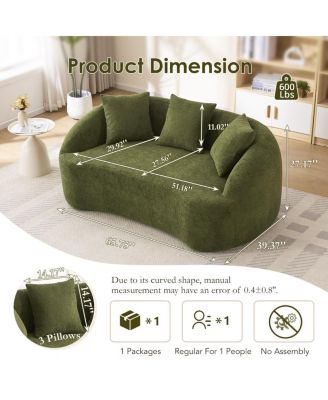 Curved Boneless Sofa Loveseat, 2-Seater Green Chenille Compression Couch with 3 Pillows