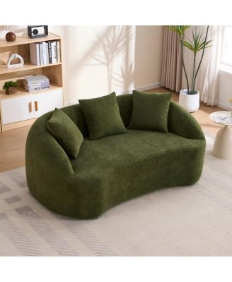 Curved Boneless Sofa Loveseat, 2-Seater Green Chenille Compression Couch with 3 Pillows