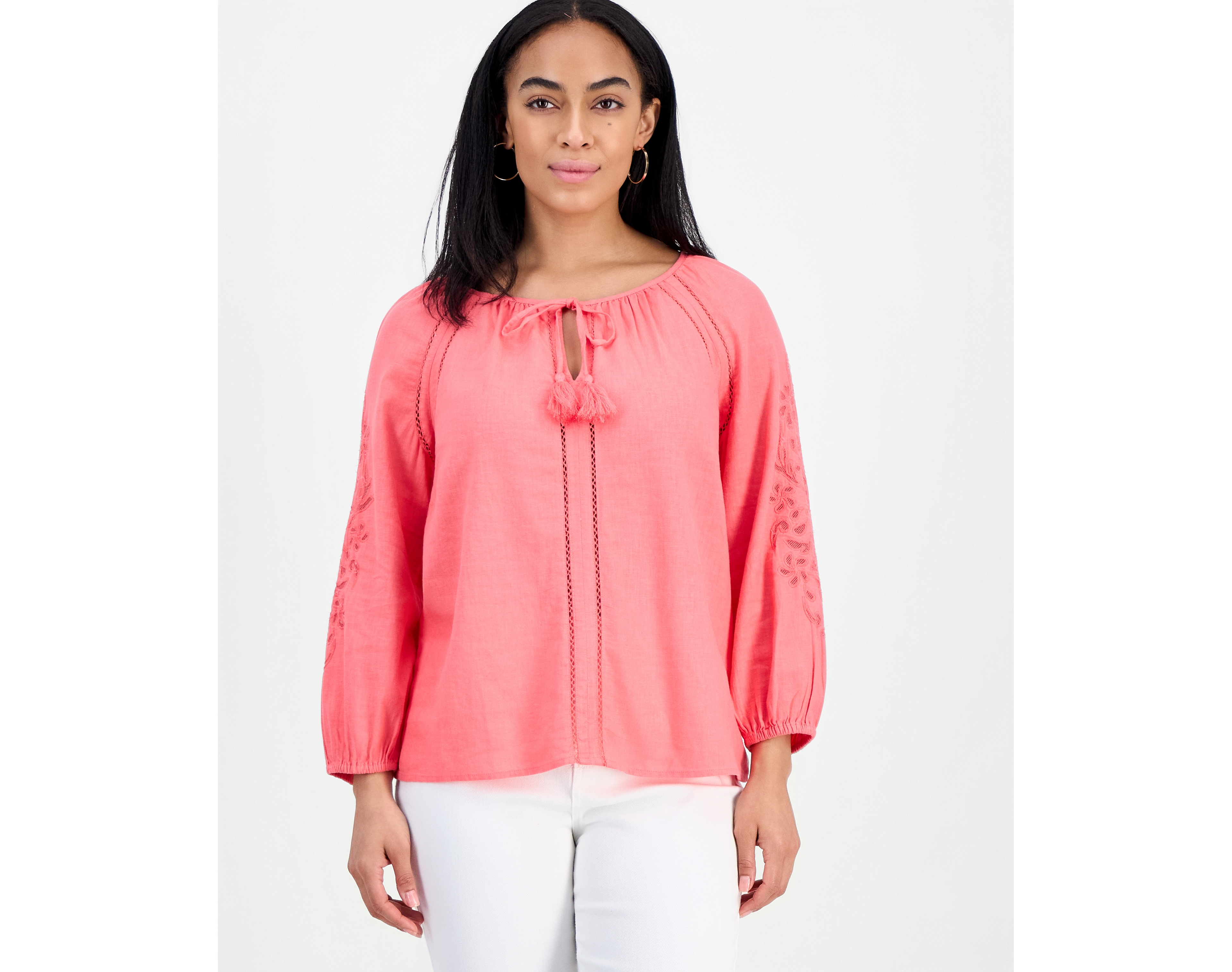 Style & Co Women's Linen Blend Embroidery Top, Macy's Exclusive