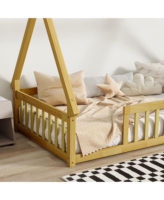 Tent-shaped Floor Bed,Teepee Bed with Guardrails, Slats