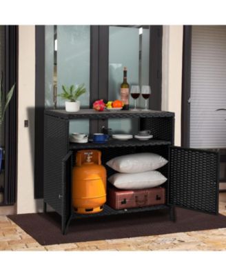 Patio Outdoor Wicker Storage Cabinet with Shelf,Powder Coated Steel,Patio Bar Table with 2-Door and Shelf,All Weather Resin Wicker
