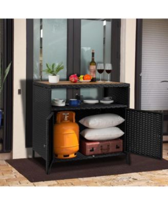 Patio Outdoor Wicker Storage Cabinet with Shelf,Powder Coated Steel,Patio Bar Table with 2-Door and Shelf,All Weather Resin Wicker