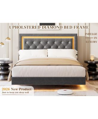 Queen Floating Bed Frame with LED Lights, Upholstered Diamond Headboard, Easy Assembly