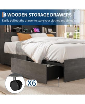Full Bed Frame with Storage Bookcase Headboard & 4 Drawers, Wood Platform Bed with Charging Station,No Box Spring